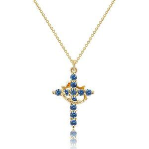 Perfect Gifts Women Crown M09 Sapphire Cross Necklace Gold Plated Faith Jewelry